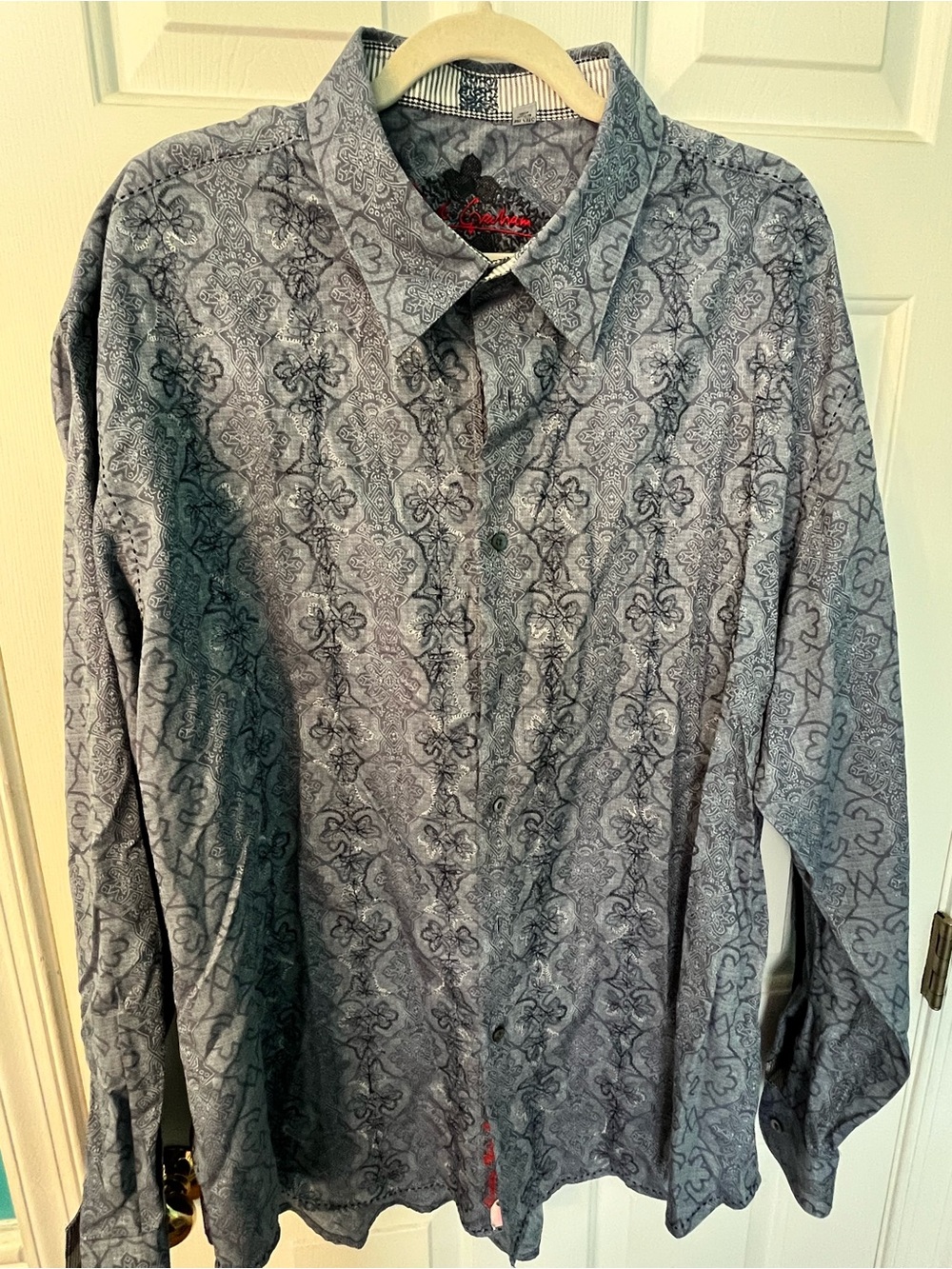 Robert Graham Gray Grey Men’s Button Up Long Sleeve Shirt with Red Logo 3XL